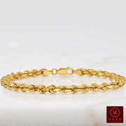 A 14k Yellow 4mm yellow gold rope link bracelet displayed on a white quartz surface. The image features a Veka brand logo in the bottom right corner and a '4MM' size text overlay on the left.