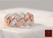 Professional studio shot of a VEKA Exclusive Jewelry Cuban link ring with baguette and round diamonds on a marble surface