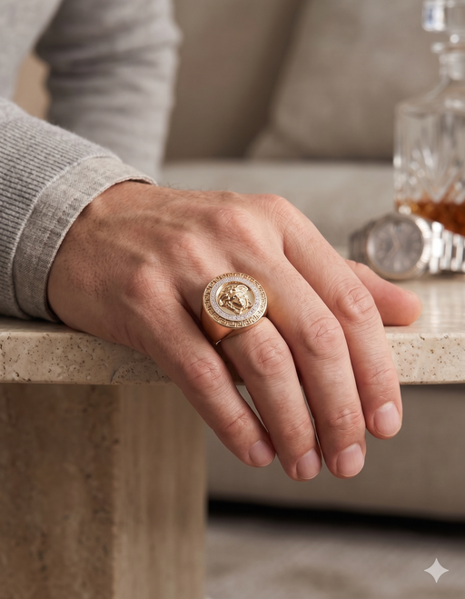 Detailed view of a Veka Jewelry Men's Medusa head signet ring made of solid 10k gold. The central relief of Medusa is encircled by a brilliant pavé-set halo of 1/3 ctw natural diamonds and a traditional Greek key meander border. The ring is substantial and tapered, set on a plain display stand