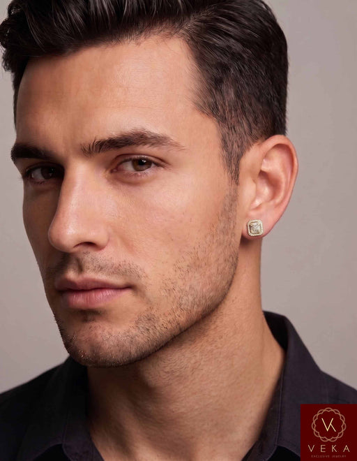 Veka Jewelry 10k yellow gold men's moissanite halo stud earrings worn by a male model, showcasing their masculine proportions and daily wear style.