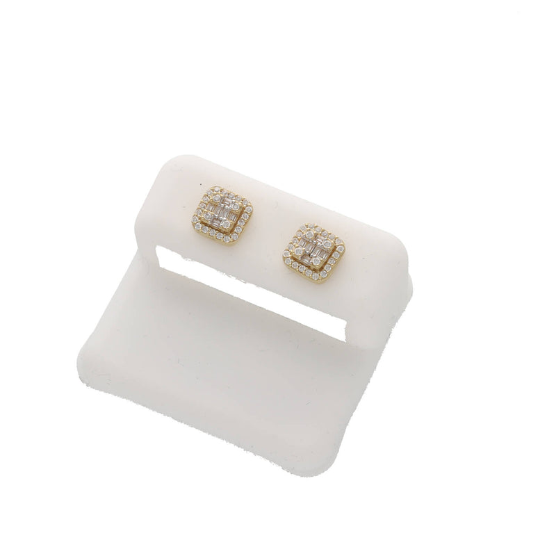 An angled close-up of the Veka Jewelry 10k yellow gold and moissanite square halo studs on a minimalist display stand.