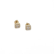 The two Veka Jewelry 10k yellow gold square halo moissanite studs, free-standing, showcasing the detailed mixed baguette and round stone cluster.