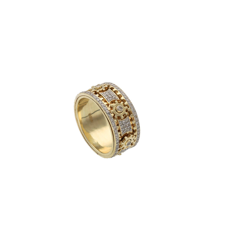 An angled, three-quarter view of the solid 10K gold mechanical gear band, highlighting the contrast between the yellow gold gears and the diamond pave sections