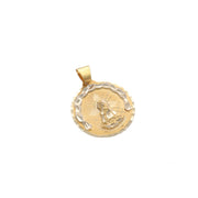 Close-up details of solid 14K gold Our Lady of Charity Caridad del Cobre medallion showing matte textured background and polished relief