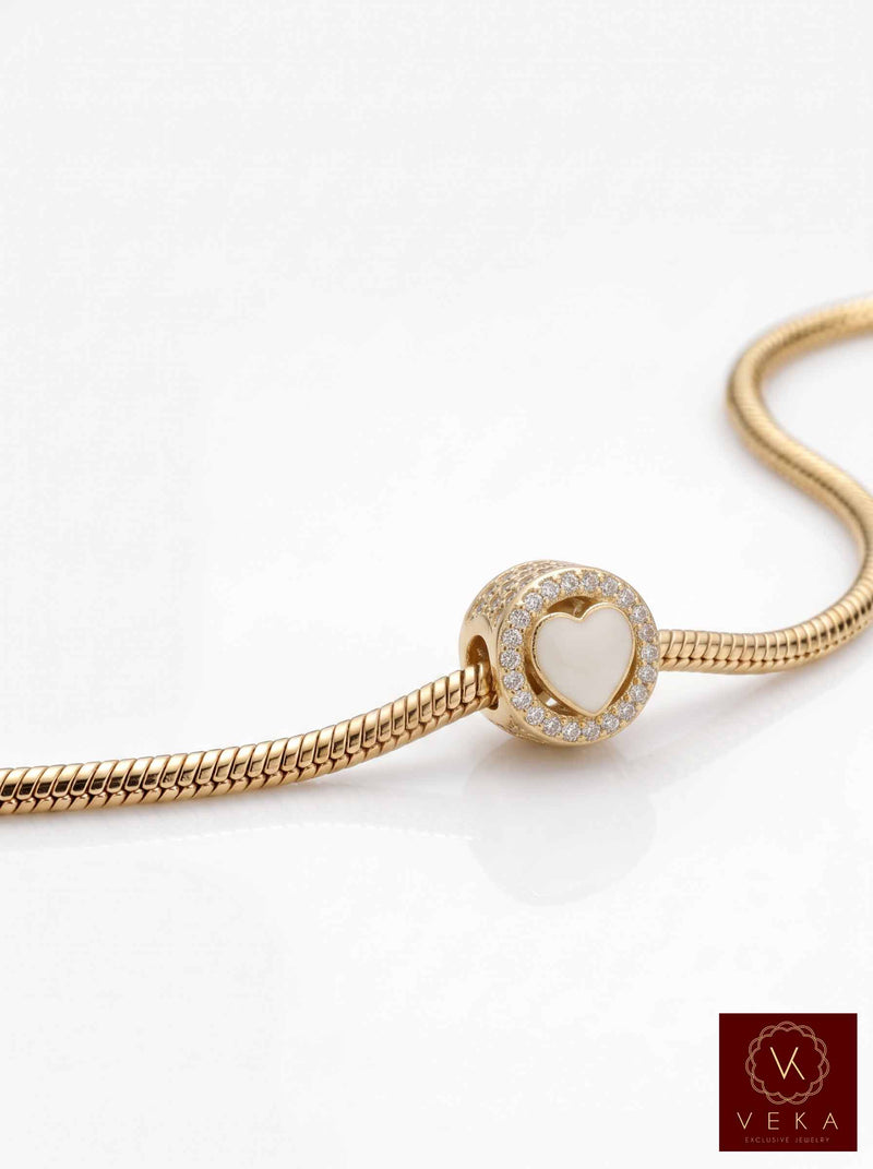14K Gold Mini Round White Heart Slide Charm for bracelet.