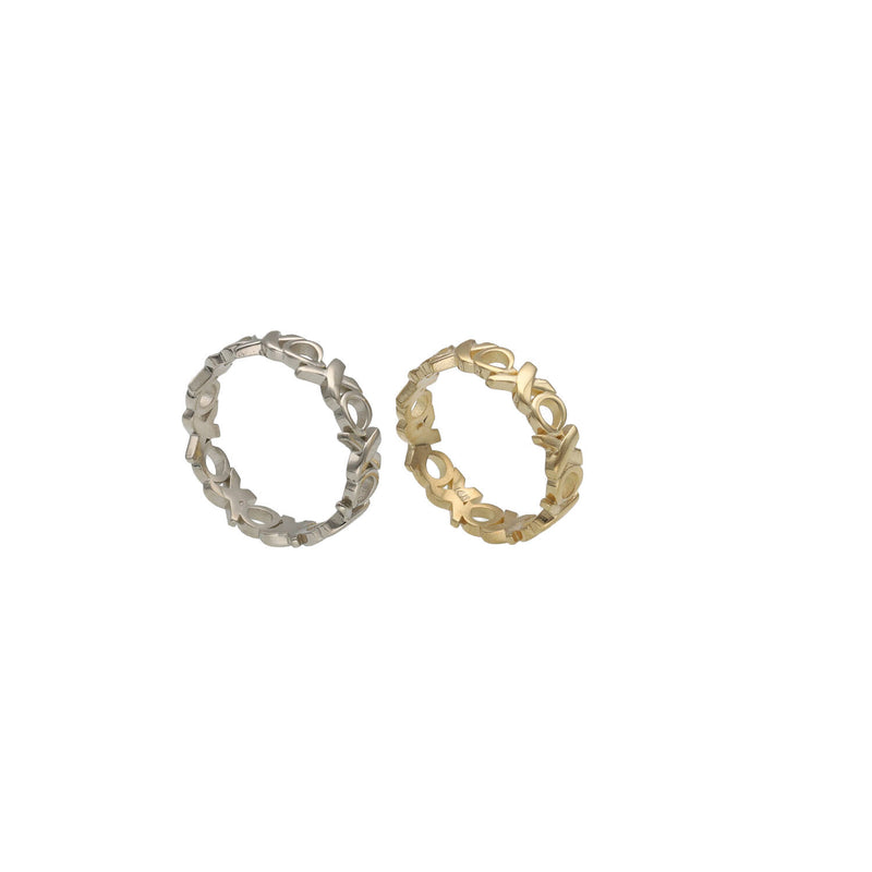 Front view of two 14k solid gold hugs and kisses XOXO bands on a white background
