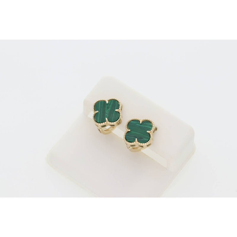 14 Karat Gold Malachite Green Clover Clip Back Earrings