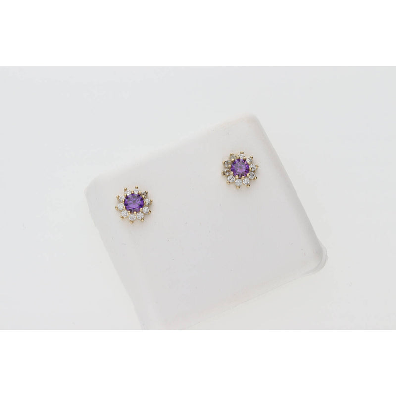 14 Karat Gold Cz Purple Flower Stud Earring W:1.3