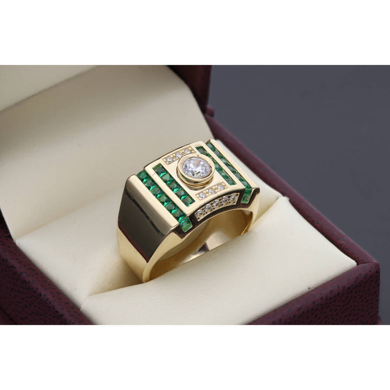 14 Karat Gold Square Green Stones Ring