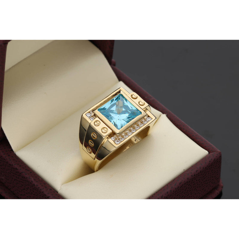 14 Karat Gold Square Flat-Screwhead Aquamarine Stone Ring