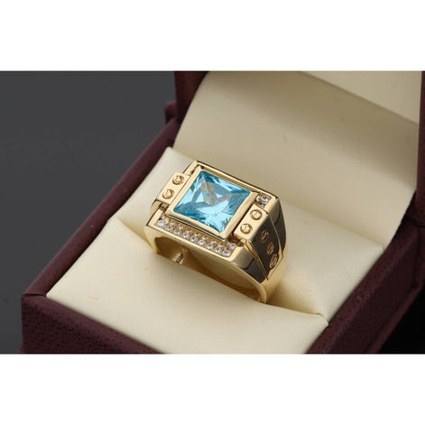 14 Karat Gold Cz Square Flat-Screwhead Aquamarine Ring