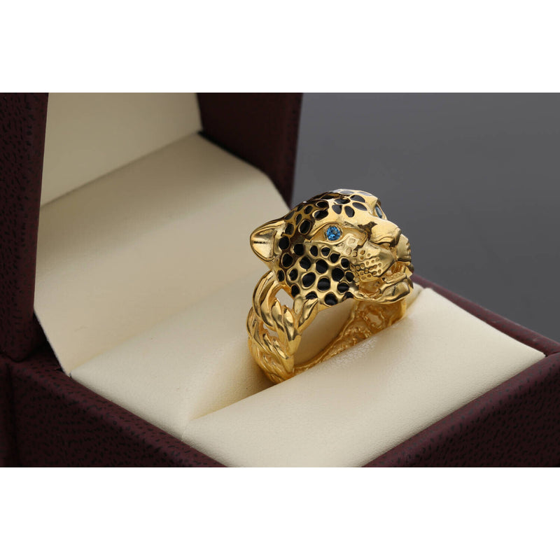 14 Karat Gold Blue Eyes Jaguar Ring