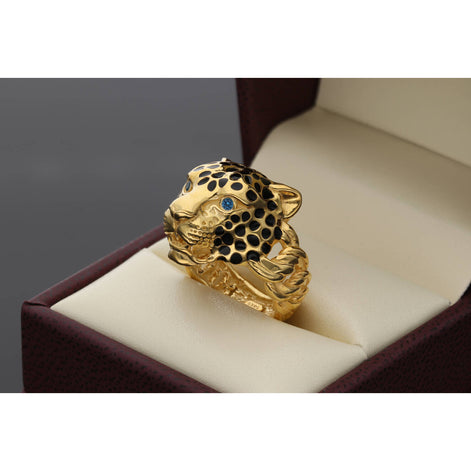 14 Karat Gold Blue Eyes Jaguar Ring S:8.5 W:9.2