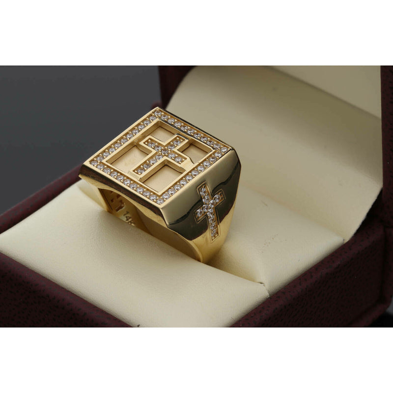 14 Karat Gold Cz Three Cross Square Ring