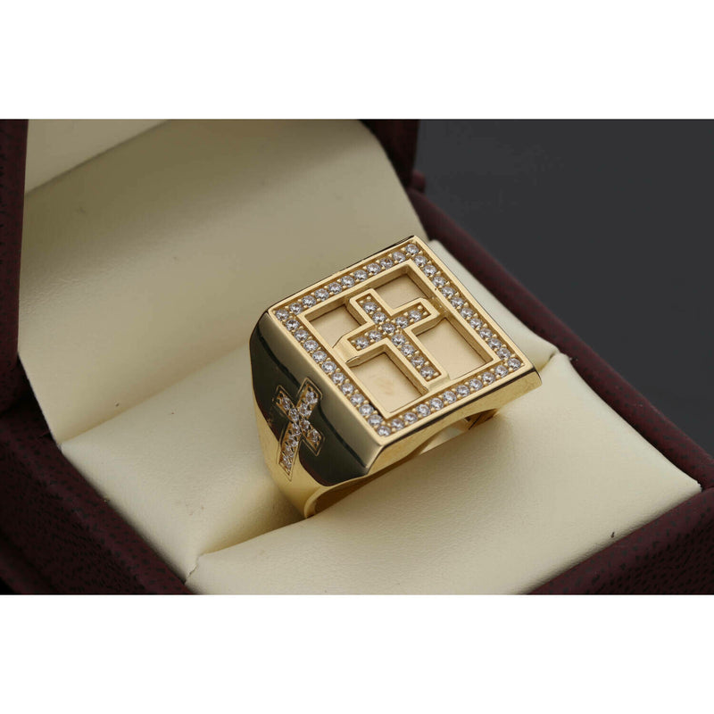 14 Karat Gold Cz Three Cross Square Ring
