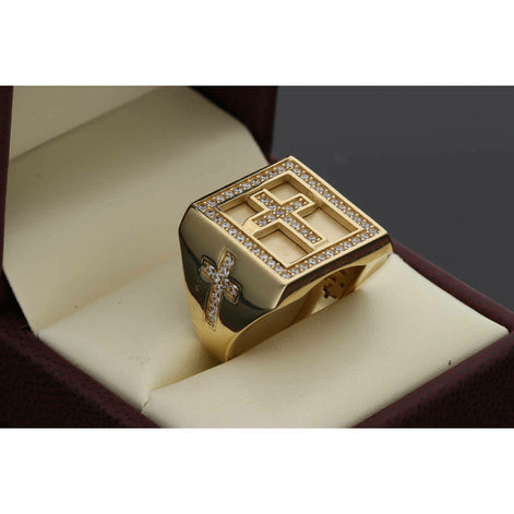 14 Karat Gold Cz Three Cross Square Ring