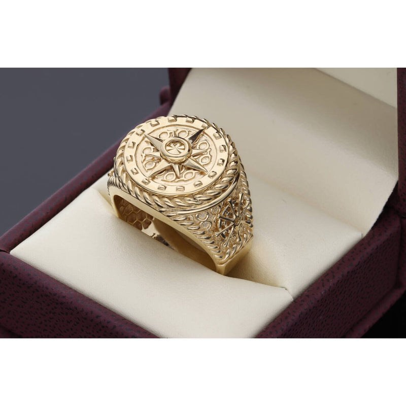 The Captain: Men's 14K Gold Compass & Boat Wheel Signet Ring