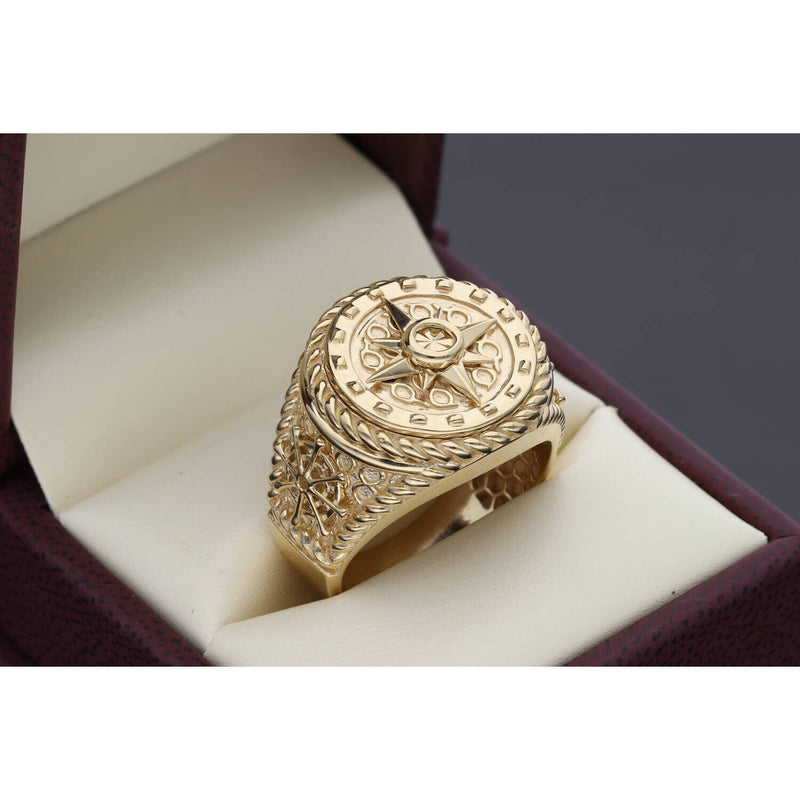 The Captain: Men's 14K Gold Compass & Boat Wheel Signet Ring
