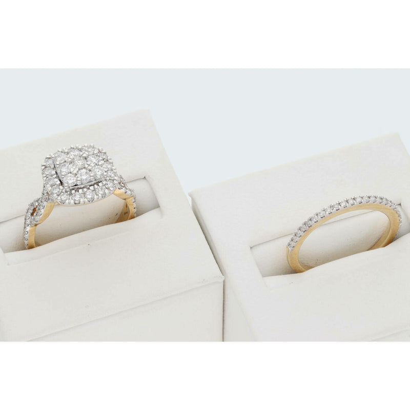 Close-up of 1.5 carat diamond duo ring showing brilliant cut diamonds and gold detail