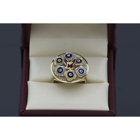 10K gold evil eye butterfly ring with multiple blue evil eyes and rose gold butterfly center - protective statement ring by Veka Jewelry
