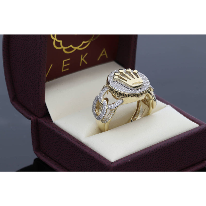 Three-quarter view of the royal crown diamond ring inside a premium VEKA Jewelry burgundy gift box