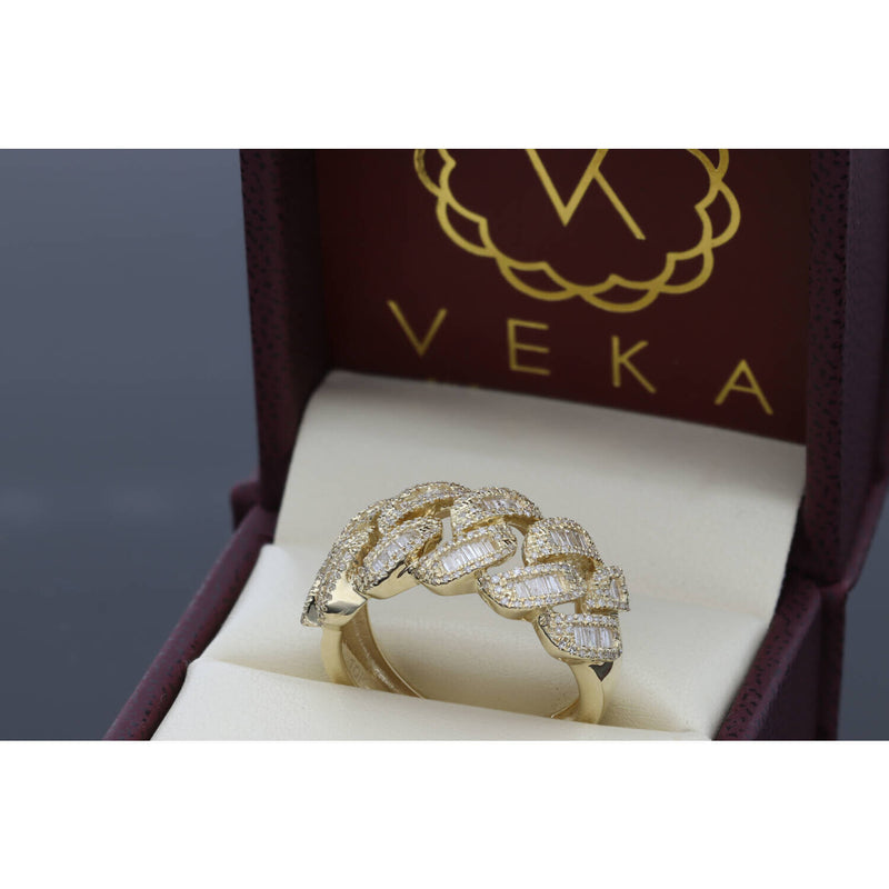 Detailed view of a gold and diamond link ring presented in a premium burgundy Veka Jewelry gift box with a cream velvet interior