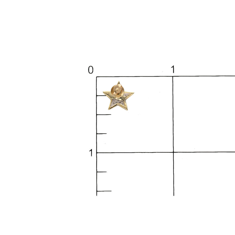 Technical measurement grid view of a Veka Jewelry 10K gold diamond star stud earring confirming its precise 9mm width in a One Inch scale.