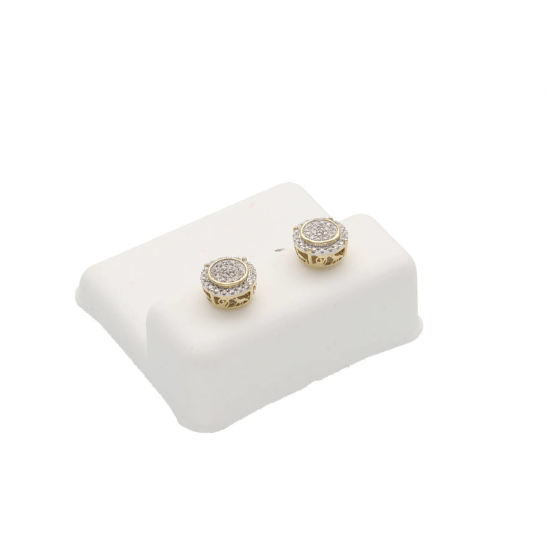 Angled view of 10K yellow gold diamond halo stud earrings on a white display showing the secure screw back closure design.