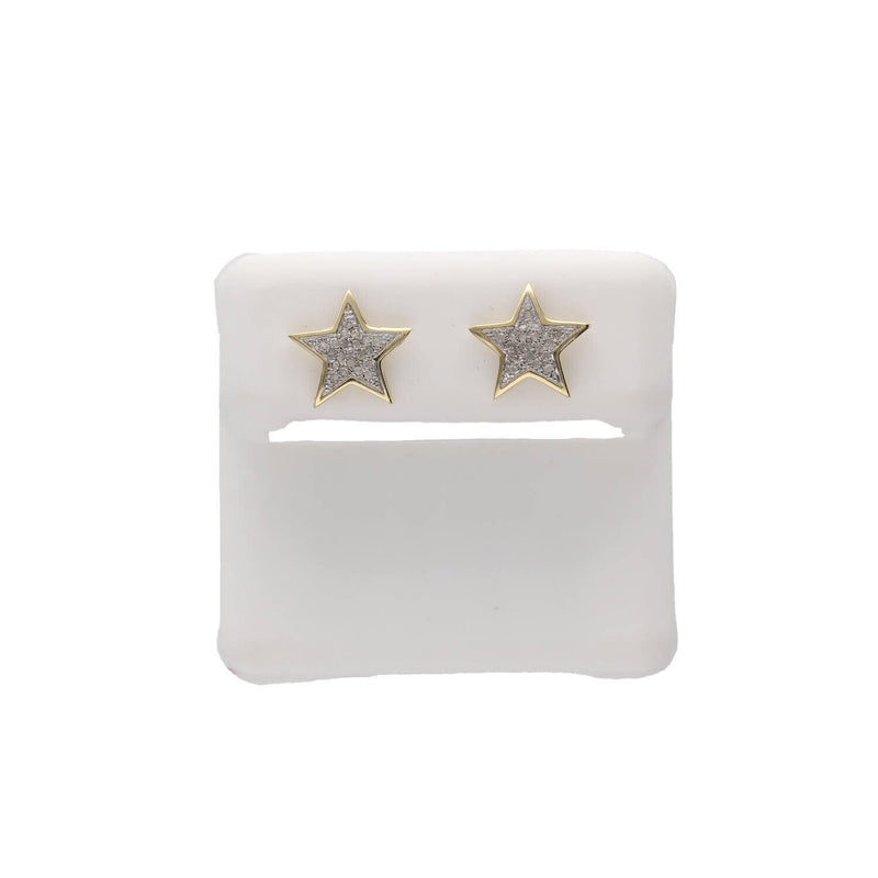 Pair of Veka Jewelry 10K gold star stud earrings featuring natural micro-pave diamonds against a crisp white background.