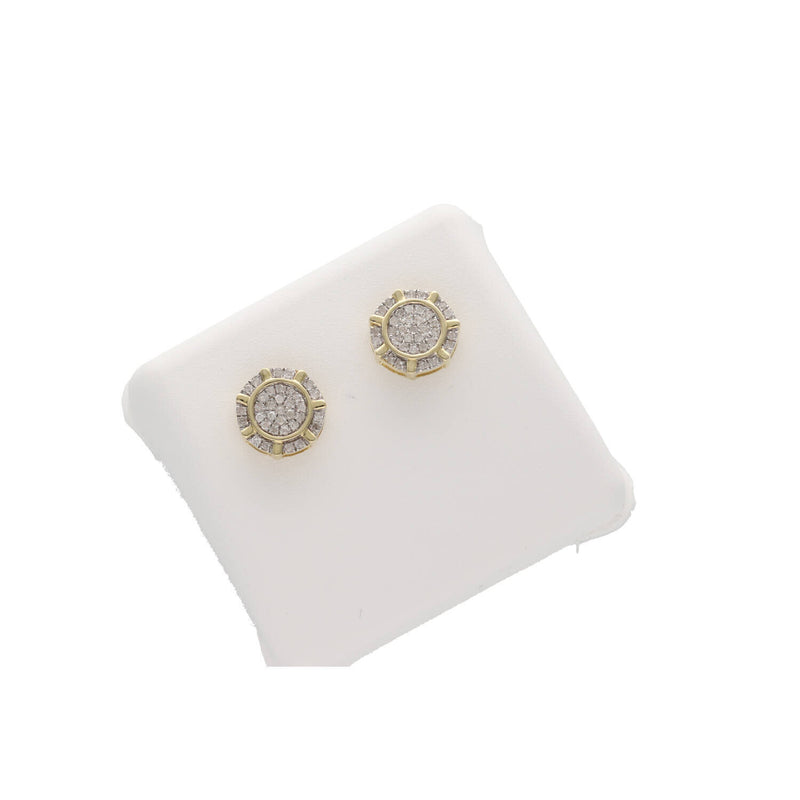 Angled studio shot of men's genuine 10K yellow gold diamond earrings with 0.20 carats total weight and textured diamond-cut borders.