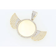 Angled view of 10K yellow gold angel wings picture charm showing iced cubic zirconia accents and bail