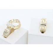 10K gold wedding rings with zirconium gemstones, side view showing maze design in both Man and Woman Bands