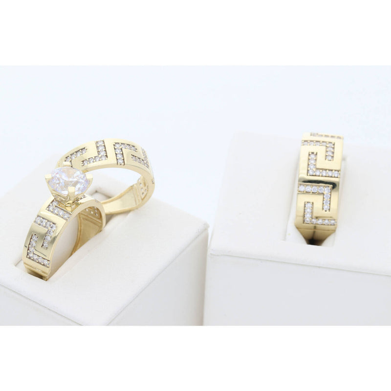 10K gold wedding rings with zirconium gemstones, side view showing maze design in both Man and Woman Bands