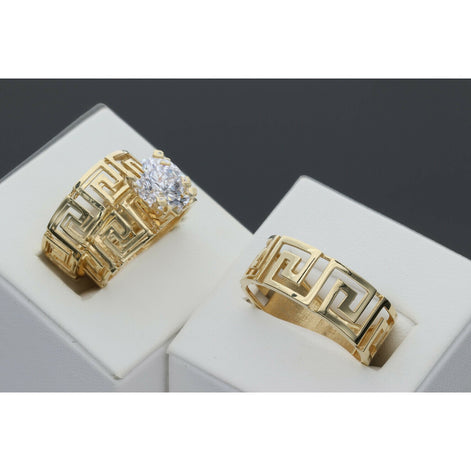 14K gold trio wedding ring set with maze carving design and a nice size zirconium central stone
