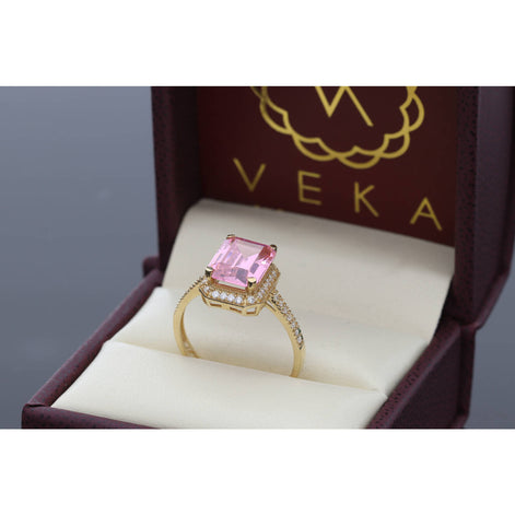 14K gold morganite-style ring with pink square-cut stone and CZ accents - pink gemstone alternative statement ring for women by Veka Jewelry