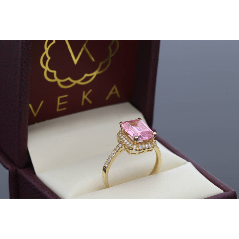 14K gold morganite-style ring with pink square-cut stone and CZ accents - pink gemstone alternative statement ring for women by Veka Jewelry