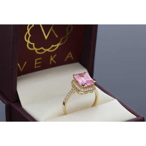 14K gold morganite-style ring with pink square-cut stone and CZ accents - pink gemstone alternative statement ring for women by Veka Jewelry