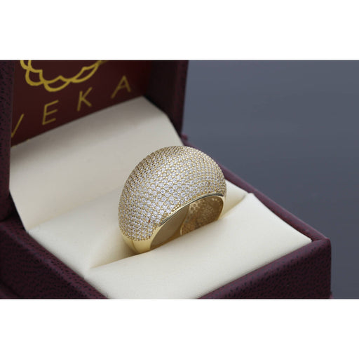 Close-up view of 14K gold pavé dome ring showing sparkling cubic zirconia stones and premium craftsmanship