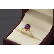 14K yellow gold purple amethyst zircon ring with teardrop solitaire setting - elegant birthstone alternative by VEKA JEWELRY