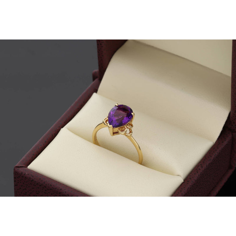 14K yellow gold purple amethyst zircon ring with teardrop solitaire setting - elegant birthstone alternative by VEKA JEWELRY