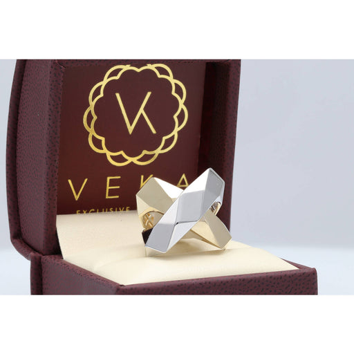 Front view of a high-polish two-tone 14k gold geometric X ring displayed in a premium burgundy VEKA jewelry box