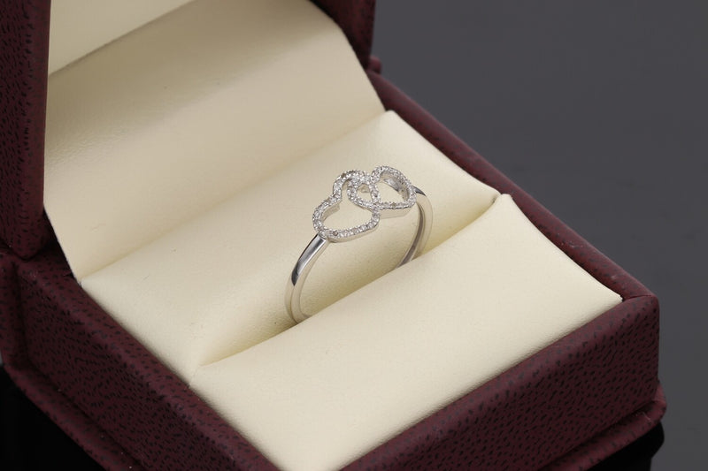 Elegant 14k white gold double heart diamond promise ring presented in a premium burgundy VEKA Jewelry gift box