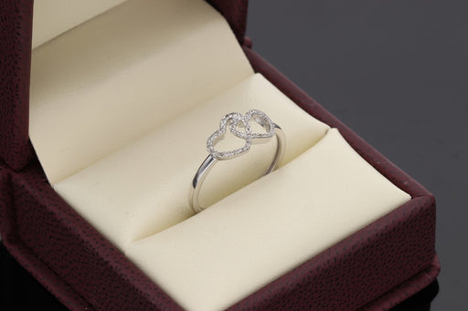 Elegant 14k white gold double heart diamond promise ring presented in a premium burgundy VEKA Jewelry gift box