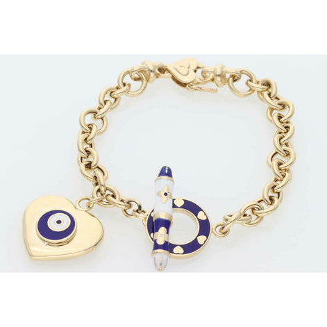 A gold-colored rolo bracelet with heart-shaped charms and blue eye details, featuring a chain structure and small beads.