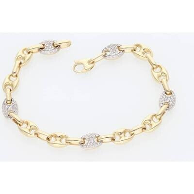 14K yellow gold puff mariner bracelet with CZ accents on white background showing dimensional chain links