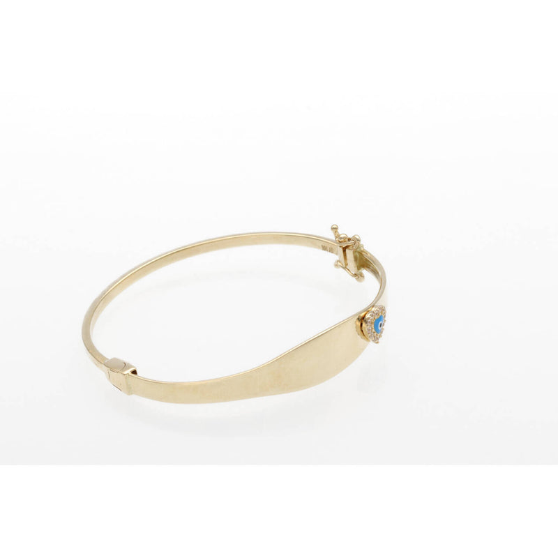 Engraveable 14k Gold bangle for babies and toddlers with a heart and a blue devil 