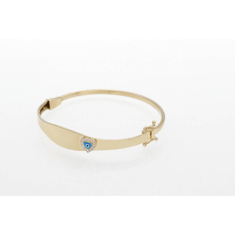 4K gold children's evil eye bangle with blue protection charm and heart with cubic zirconia.