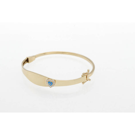 4K gold children's evil eye bangle with blue protection charm and heart with cubic zirconia.