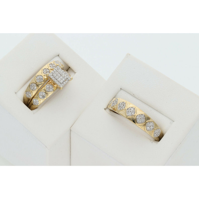 10 Karat Gold & 0.50 Ctw Diamond Rhombus Square Wedding Trio Set Rings