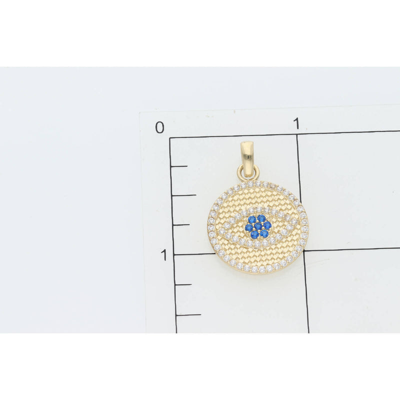 14 Karat Gold Cz Blue Eye Round Charm W:3.4